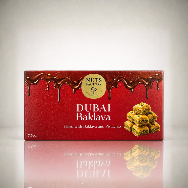 Dubai Chocolate Baklava Edition by Nuts Factory featuring rich chocolate-covered baklava with nuts on a white plate.