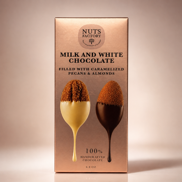 Dubai Chocolate by Nuts Factory featuring milk and white chocolate with caramelized pecans and almonds, shown in the image.