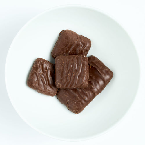 Bite-size graham cracker squares fully coated in dark chocolate, plated on white.