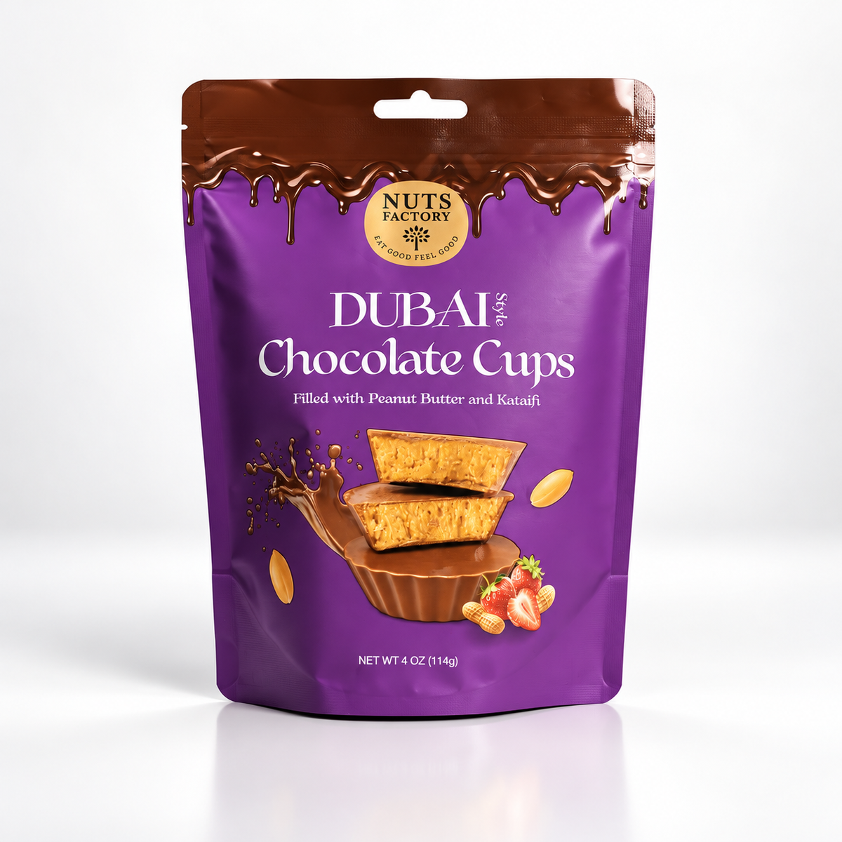 Dubai Chocolate peanut butter cups by Nuts Factory, featuring rich chocolate coating and creamy peanut butter filling.