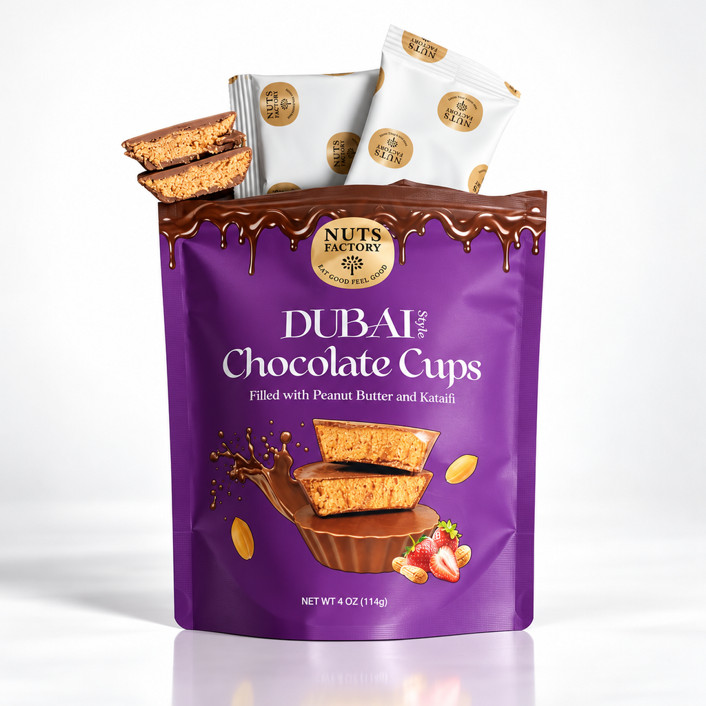 Open Dubai Chocolate Peanut Butter Cups by Nuts Factory showing creamy peanut butter filling inside rich Dubai Chocolate candies.