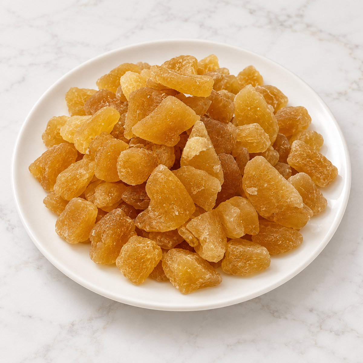Dried low-sugar ginger slices from Nuts Factory, showcasing their natural golden color and textured surface for healthy snacking.