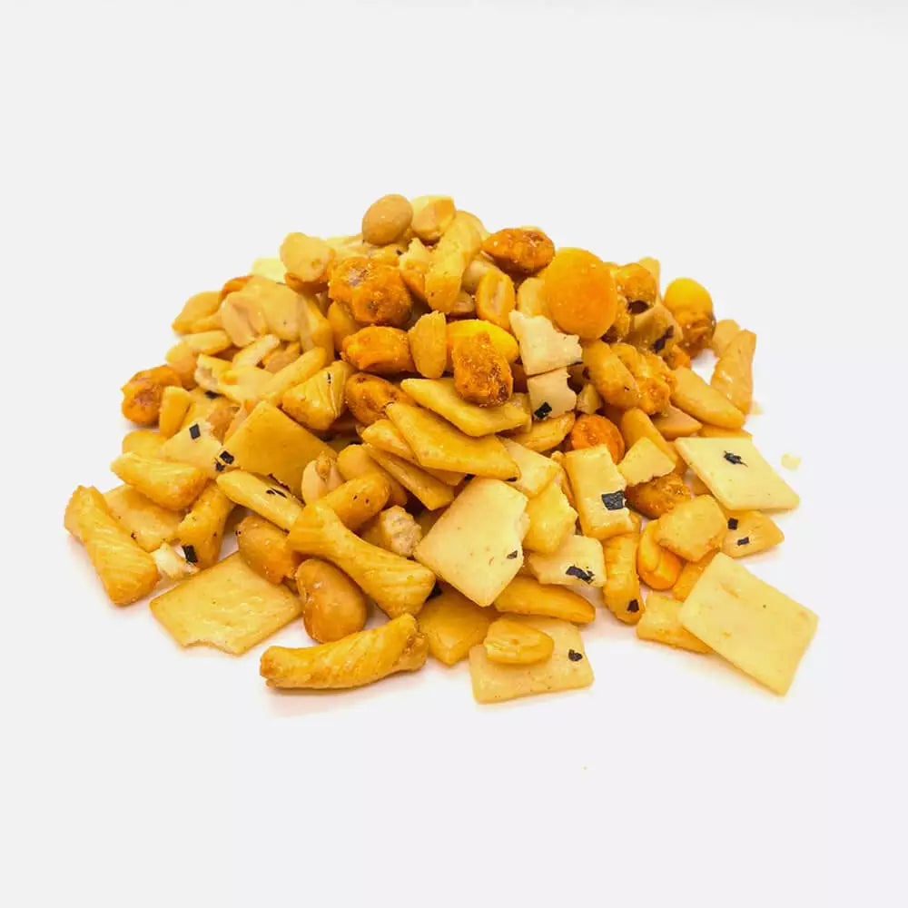 Assorted Munchies Rice Cracker Mix by Nuts Factory, savory snack assortment with crispy rice crackers in various shapes and flavors.