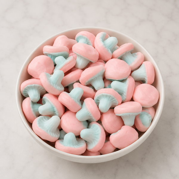 Swedish Gummy Pink and White Foamy Mushrooms by Nuts Factory, colorful chewy candy with mushroom shapes and foam texture.