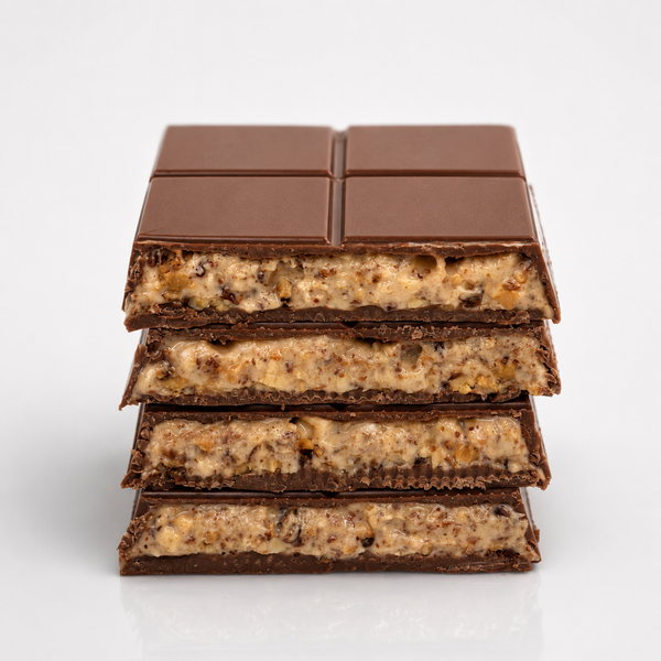 Dubai Chocolate by Nuts Factory with milk and white chocolate, caramelized pecans, and almonds.